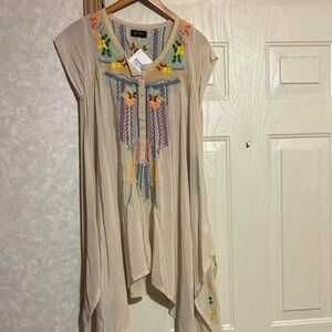 Johnny Was Biya Cream Silk Tunic with Multicolor‎ Embroidery